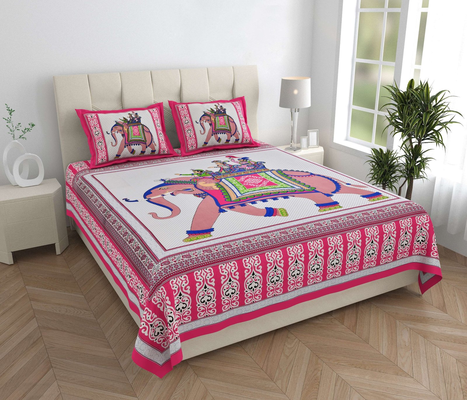 Rajasthani Traditionally Printed Cotton Doublebed Bedsheet With Pack of 2 Pillow Covers